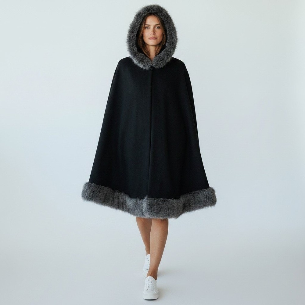 DANIELE MEUCCI Italy Faux Fur Trimmed Wool Cape Shawl OS Black Luxury Whimsigoth